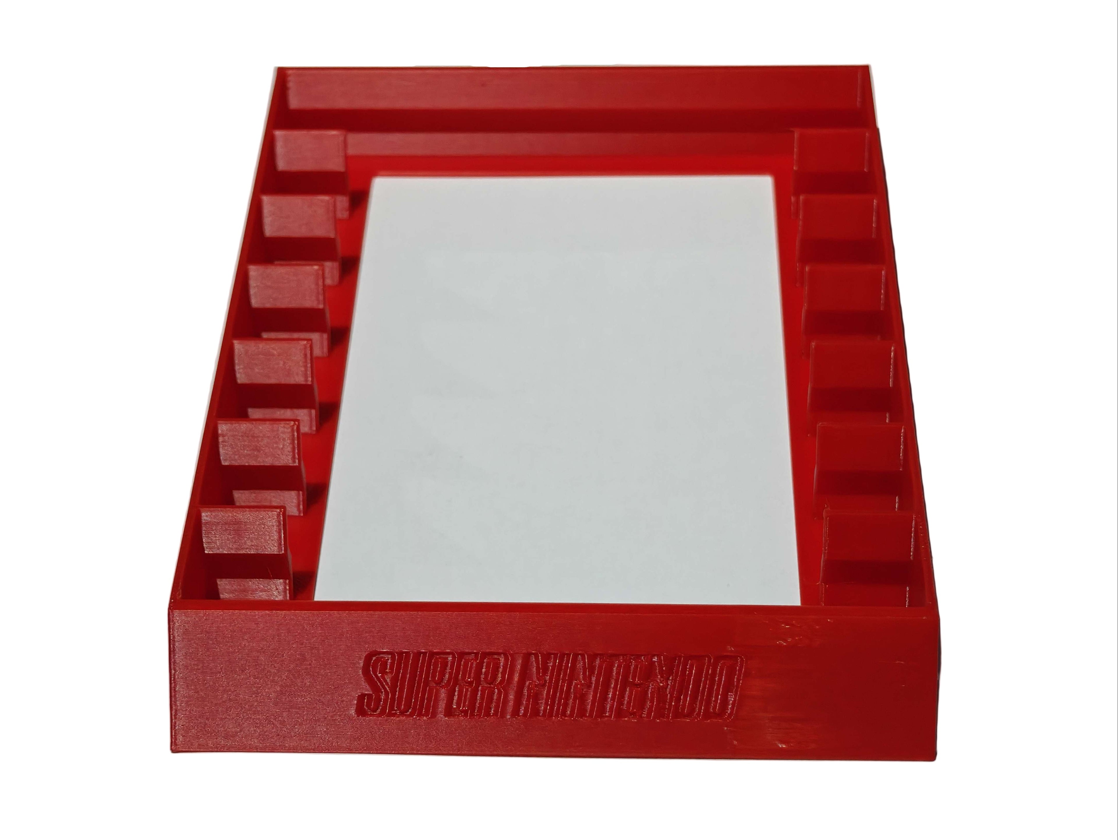 Red 3D-printed frame on a white background